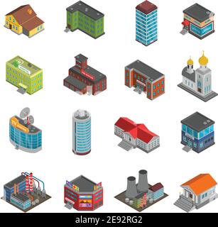 City buildings isometric icons set with hospital church and school ...