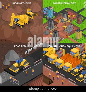 General construction concept  isometry with scenes of digging equipment site and road repair isolated vector illustration Stock Vector