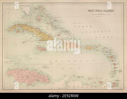 West India Islands. West Indies Caribbean Jamaica Antilles. BARTHOLOMEW 1870 map Stock Photo