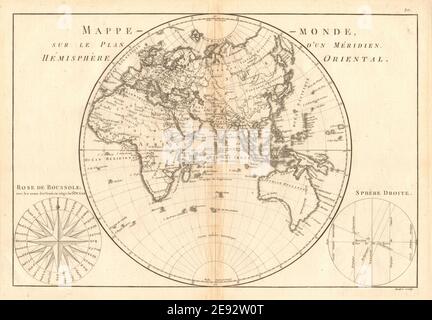 Mappe-monde sur le plan d’un Méridien, hemisphere Oriental. BONNE 1787 old Stock Photo