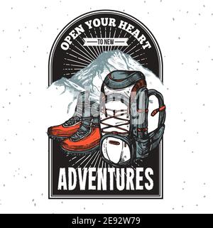 Adventure lettering emblem print of boots and backpack on mountain background with title hand drawn vector illustration Stock Vector
