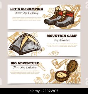 Horizontal tourism banners set presenting lets go camping mountain camp and big adventure hand drawn vector illustration Stock Vector