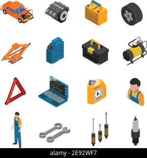 Isometric isolated icon set with colorful elements of car service like equipment staff and tools  vector illustration Stock Vector