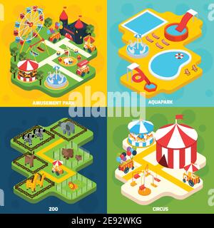 Amusement park with aqua attractions elements 4 isometric vector icons square composition banner abstract isolated vector illustration Stock Vector