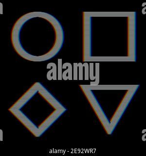 VHS glitch set of geometry shapes. Circle, square, rhombus and triangle with distortion effect. Good for design promo electronic music events, games, banners, web, etc. Vector illustration Stock Vector