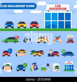 Car dealership center flat icons composition with new vehicles showroom and sale deal pictograms abstract vector illustration Stock Vector