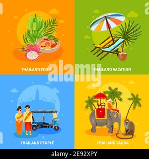 Thailand concept flat icons with food recreation people and fauna of the country vector illustration Stock Vector