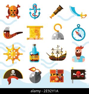 Pirates flat color icons set with wooden chest of gold anchor binoculars compass helm and black flag with red skull isolated vector illustration Stock Vector