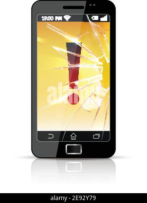 Modern smart cell phone with cracked screen and big red exclamation sign glossy flat icon vector illustration Stock Vector