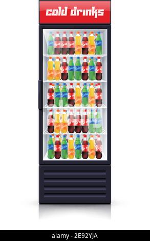Fridge dispenser cooling machine selling best cola refreshments drinks single object icon realistic vector Illustration Stock Vector