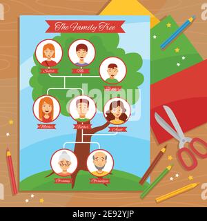 Family tree with pictures of relatives in round frames on bare branches ...