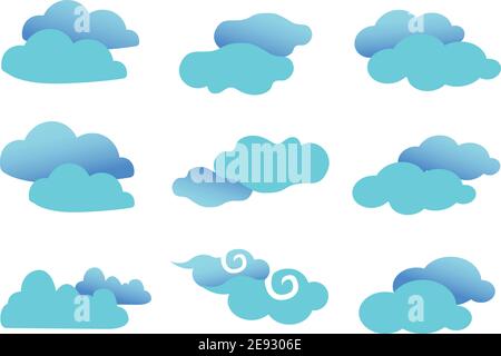 Set of nine vector illustration of fancy clouds in cyan blue with gradient effect isolated on white background. Stock Vector