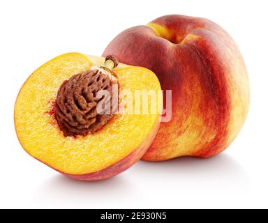 Ripe whole peach fruit with half isolated on white background with clipping path. Full depth of field. Stock Photo