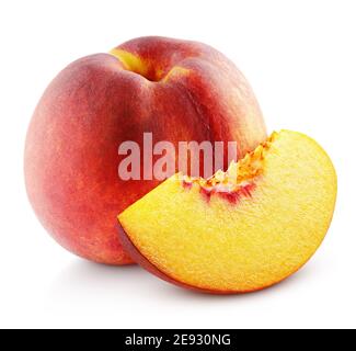 Ripe whole peach fruit with slice isolated on white background with clipping path. Full depth of field. Stock Photo