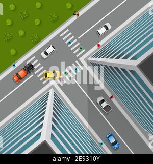Top view on city crossroad in 3d design with cars pedestrians truck in business district vector illustration Stock Vector