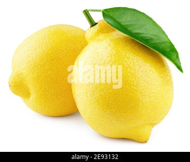 Two whole yellow lemons with green leaf isolated on white background. Lemons citrus fruit with clipping path. Full depth of field. Stock Photo