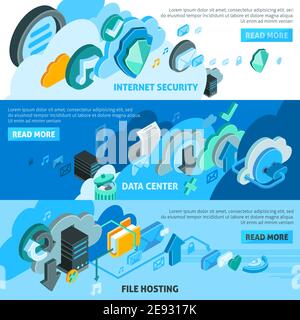 Cloud services isometric horizontal banners set with file hosting symbols isolated vector illustration Stock Vector