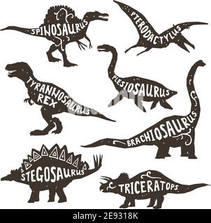 Dinosaurs black silhouettes set with lettering pterodactyl plesiosaur spinosaurus tyrannosaurus triceratops on white background isolated vector illust Stock Vector