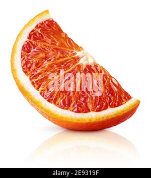 Slice of red blood orange citrus fruit stand isolated on white background. Red orange slice with clipping path. Stock Photo