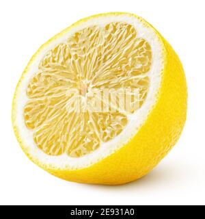 Ripe half of yellow lemon citrus fruit isolated on white background with clipping path. Full depth of field. Stock Photo