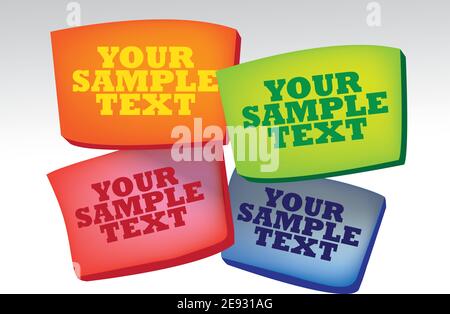 Vector illustration of 4 three dimensional colored boxes with copy space on plain grey and white gradient background Stock Vector