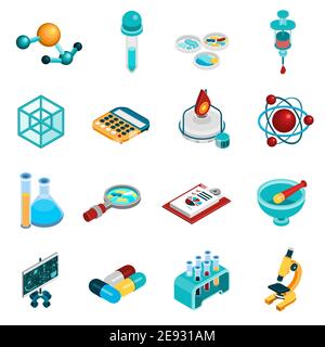 Science isometric icons set with chemistry and pharmaceutics symbols isolated vector illustration Stock Vector