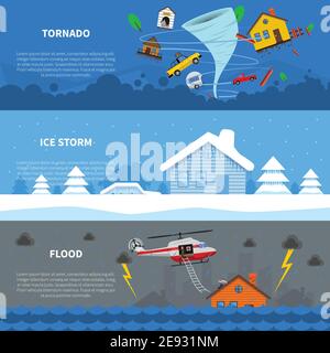 Natural disaster 3 flat horizontal banners set with freezing rain ice storm and tornado abstract isolated vector illustration Stock Vector