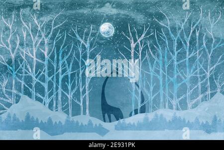 Blue abstract winter fairy landscape - forest, full moon and fabulous animals Stock Photo