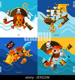 Pirates 2x2 design concept set of one eyed pirate smoking pipe chest of gold sailboat with anchor and map on waves background vector illustration Stock Vector