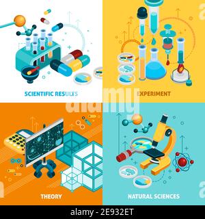 Science concept icons set with experiment and results symbols isometric isolated vector illustration Stock Vector