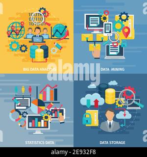 Big data mining analysis and storage technology 4 flat icons square composition banner abstract isolated illustration vector Stock Vector