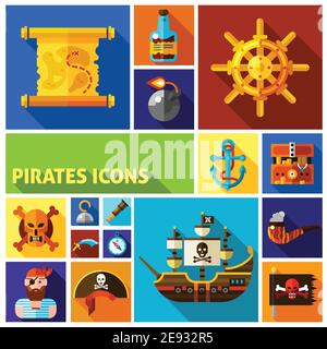 Pirates flat cartoon icons in colorful squares with map ship helm anchor smoking pipe bottle of rum isolated vector illustration Stock Vector