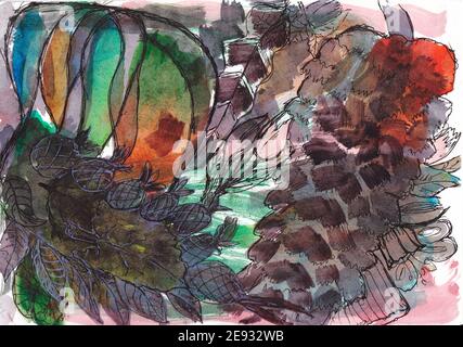Drawing abstraction. Plants, pineapples, leaves watercolor illustration. Pineapple, leaf bright background. The drawing is drawn by hand on textured w Stock Photo