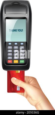 Payment terminal with inserted credit card on white background design concept in realistic style vector illustration Stock Vector