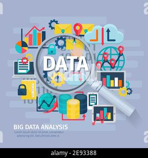 Big data analytics flat icons composition conceptual poster design with hand lens magnifying glass symbol abstract vector illustration Stock Vector