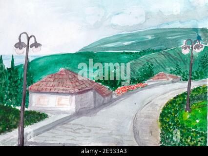 Gurzuf, Crimea. Village by the sea watercolor illustration. Small old house and a road to the embankment. Mountain and lanterns. The drawing is drawn Stock Photo