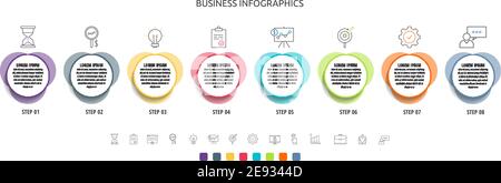 Circles vector line infographic with 8 step, icons. Timeline used for chart, web, banner, workflow layout, presentations, flowchart, info graph Stock Vector