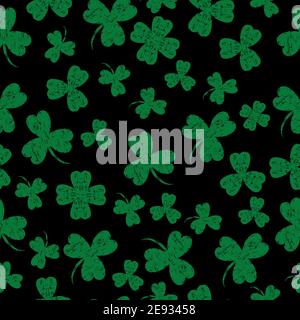 Saint Patricks Day. Vector illustration. Black background with a shamrock. Seamless Pattern. Grunge effect, scrapes Stock Vector