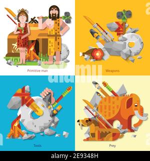 Prehistoric stone age caveman 2x2 design concept set of primitive man and woman weapons prey and ancient working tools vector illustration Stock Vector