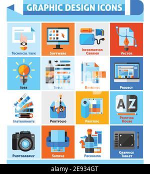 Graphic design square icons set with branding project and tools symbols flat isolated vector illustration Stock Vector