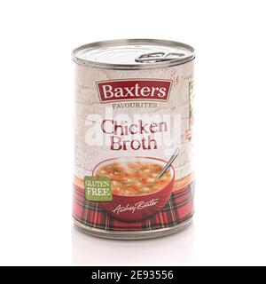 SWINDON, UK - FEBUARY 2, 2021:  Tin of Baxters Chicken Broth soup on a white background. Stock Photo