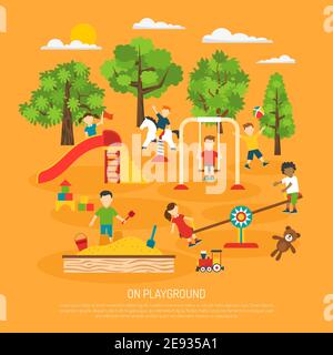 Kindergarten poster of kids playing on outdoor playground with swings and childrens slide flat vector illustration Stock Vector