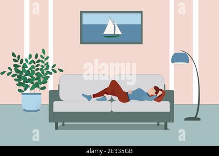 The girl is lying on the couch. Vector. A woman is resting in a room with a sofa. Flat illustration. Stock Vector