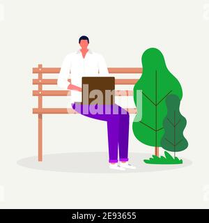 People walking in the park, man sitting on the bench with laptop, Young freelancer working. Leisure and outdoor activity. Vector flat concept illustra Stock Vector