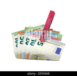 Money on a clothespin. Euro in a clothespin, Home saving. Stock Photo