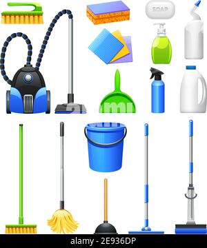 Cleaning equipment and accessories realistic icons collection with vacuum cleaner brushes and mops abstract isolated vector illustration Stock Vector