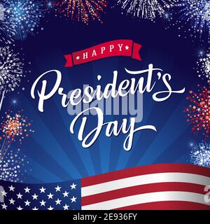 Happy President's Day banner, with flag and fireworks on beams sky background. Vector illustration with hand drawn text lettering for Presidents day Stock Vector