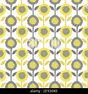 Abstract flowers and textured stems with leaves. Vector seamless pattern background. Geometric design with alternating rows of yellow and grey florals Stock Vector
