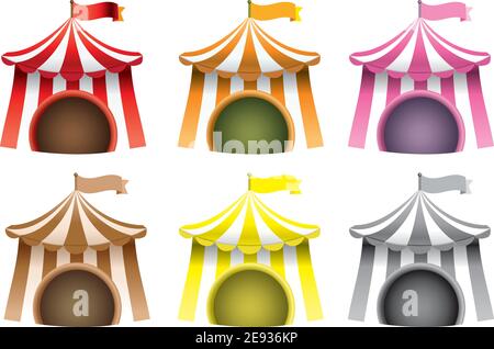 Set of six vector illustration of carnival tents typically used for circus isolated on white background. Stock Vector