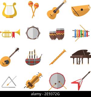 Musical instruments icons set with piano guitar and drums flat isolated vector illustration Stock Vector